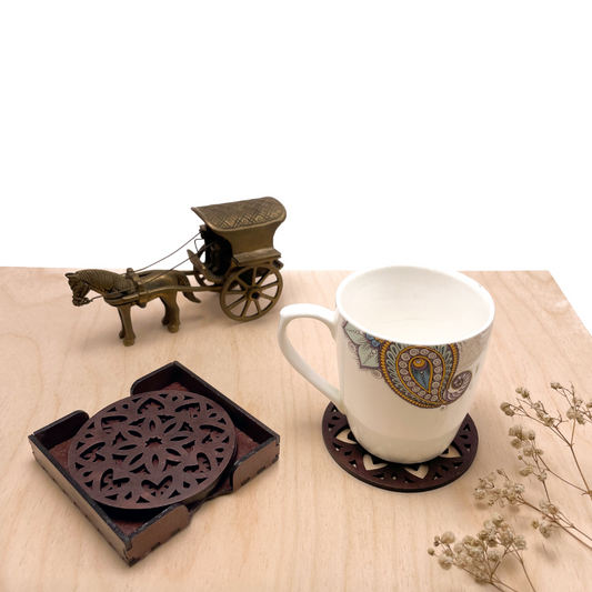Wooden Ashtadash Mandala Coasters with Holder