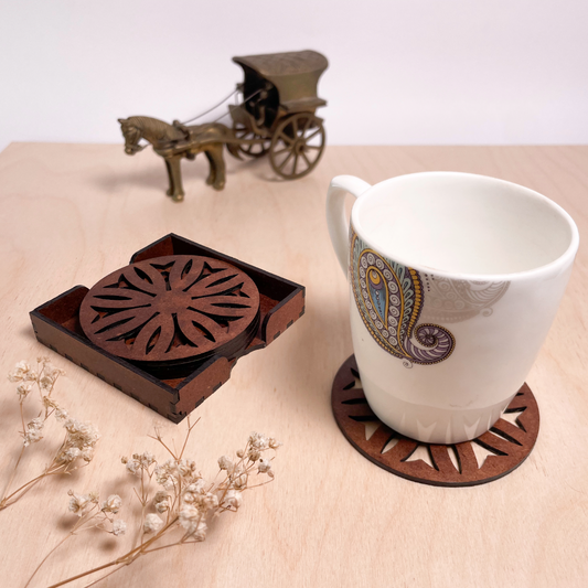 Wooden Dwe Mandala Coasters with Holder