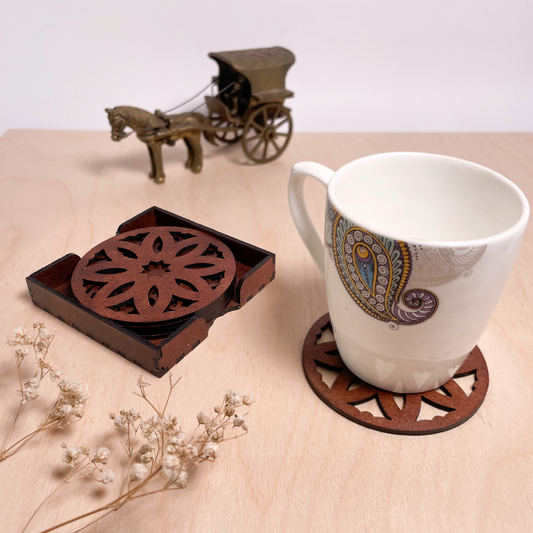 Wooden Pancha Mandala Coasters with Holder