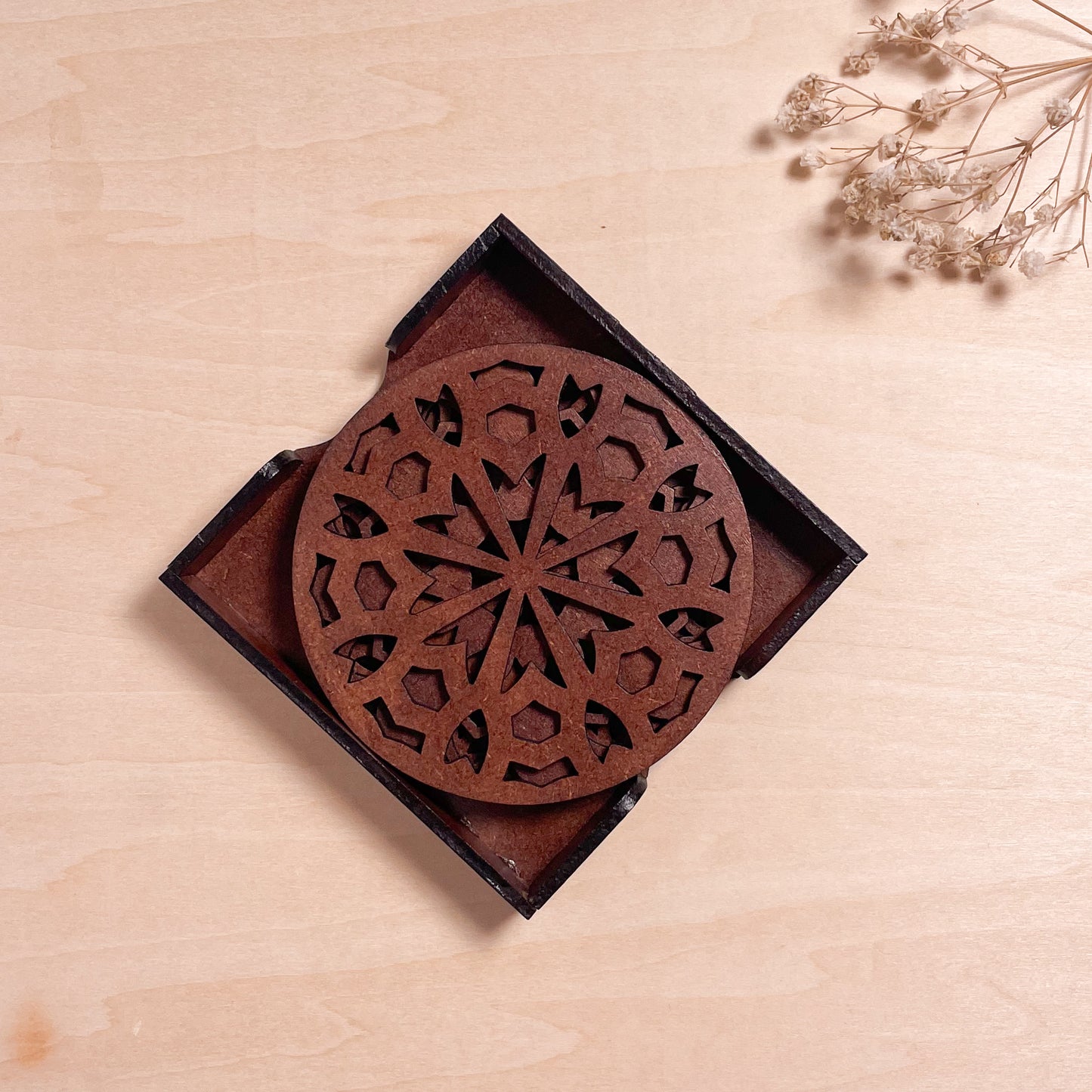 Mandala Art Coasters-Shata Wooden-Warm Walnut