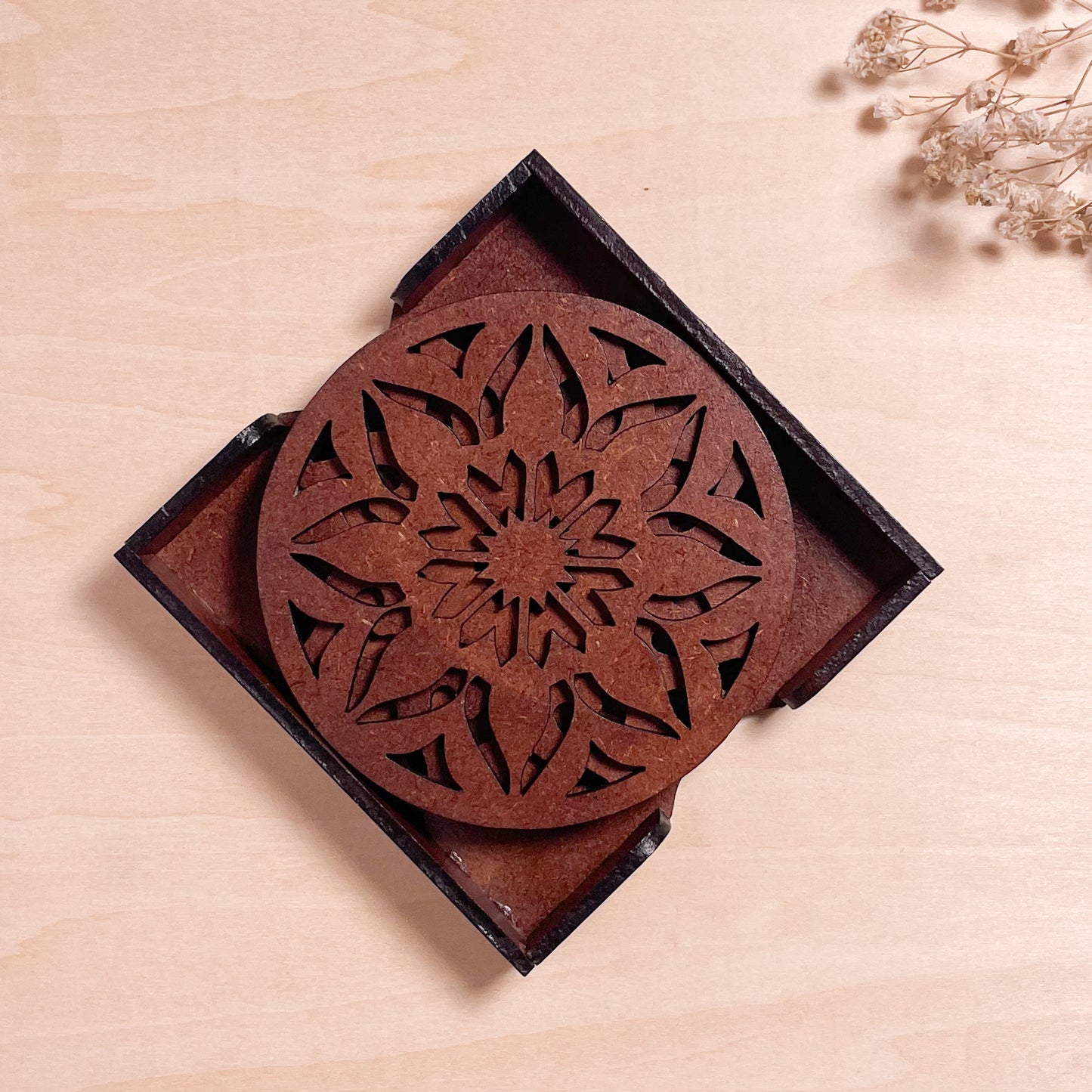 Mandala Art Coasters-Sapta Wooden-Warm Walnut