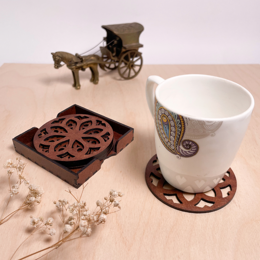 Wooden Nava Mandala Coasters with Holder