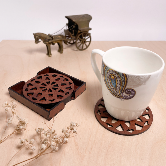 Wooden Dasha Mandala Coasters with Holder