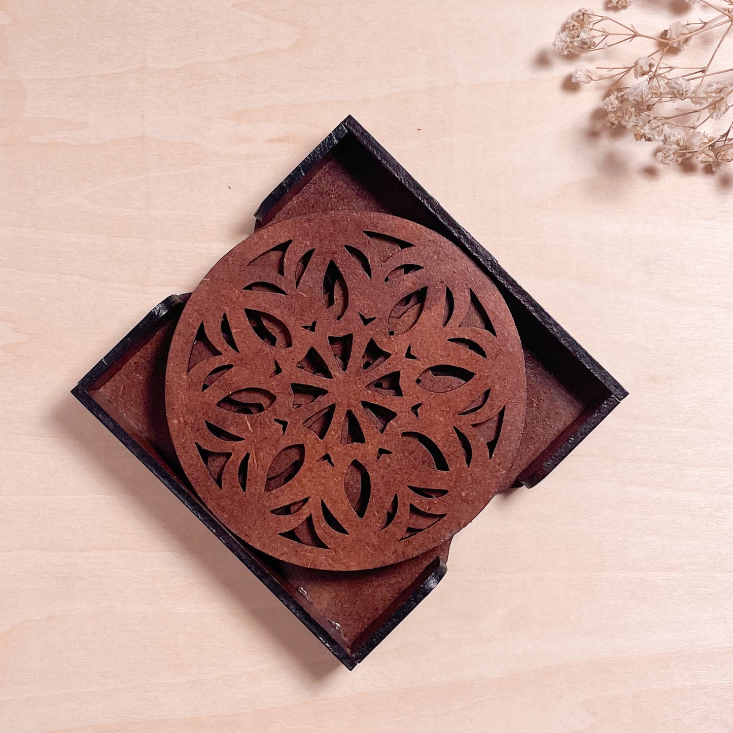 Wooden Ekaadash Mandala Coasters with Holder
