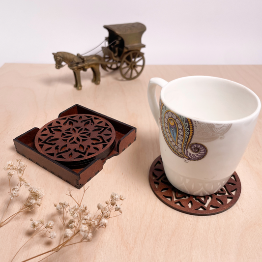 Wooden Dvaadash Mandala Coasters with Holder