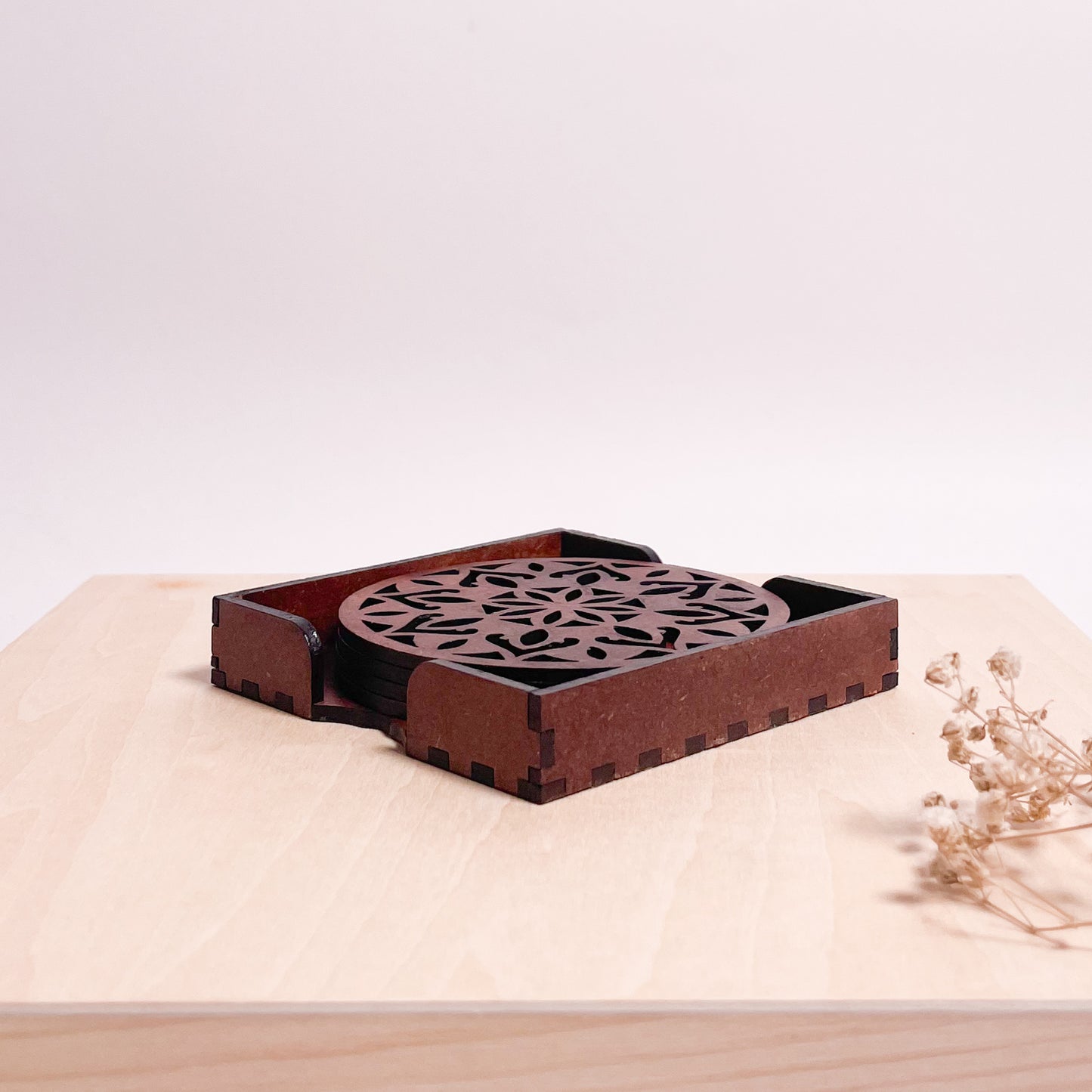 Wooden Dvaadash Mandala Coasters with Holder