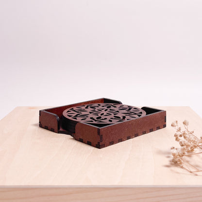 Wooden Dvaadash Mandala Coasters with Holder