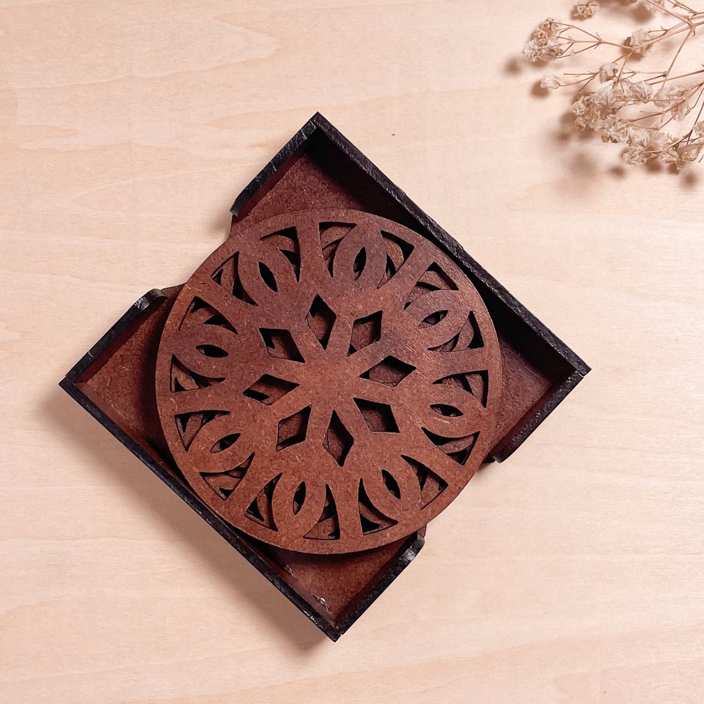 Mandala Art Coasters-Trayodash Wooden-Warm Walnut