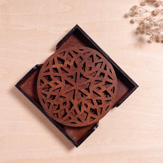 Mandala Art Coasters-Chaturdash Wooden-Warm Walnut