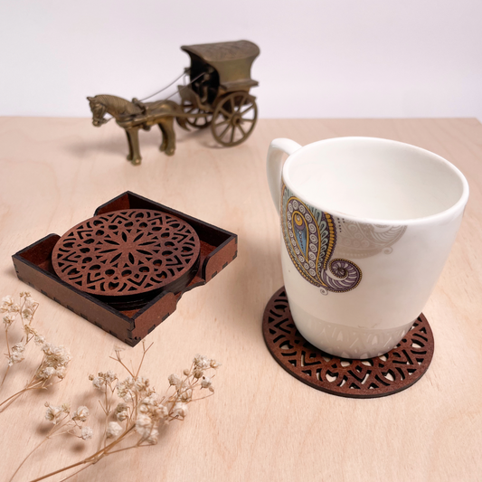 Wooden Panchadash Mandala Coasters with Holder