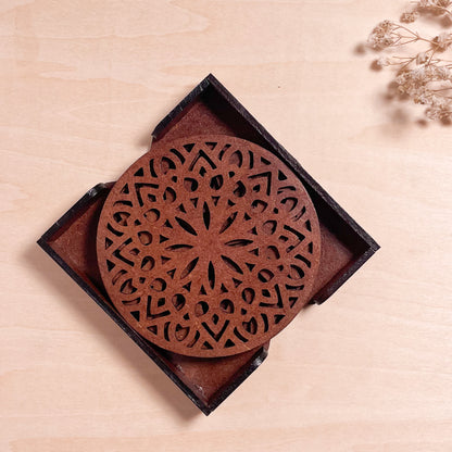 Wooden Panchadash Mandala Coasters with Holder