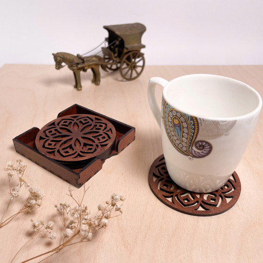 Wooden Shodash Mandala Coasters with Holder