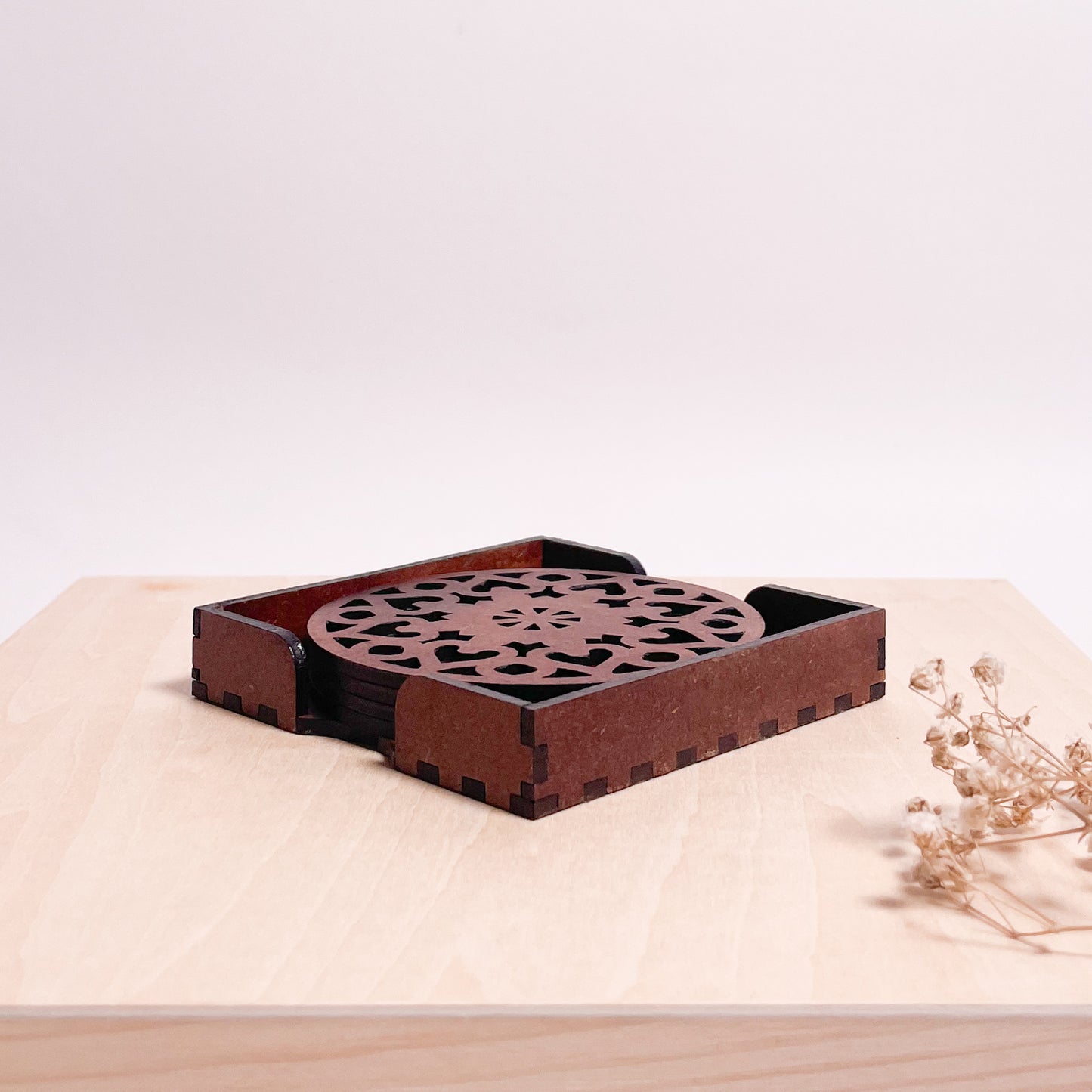 Wooden Saptadash Mandala Coasters with Holder