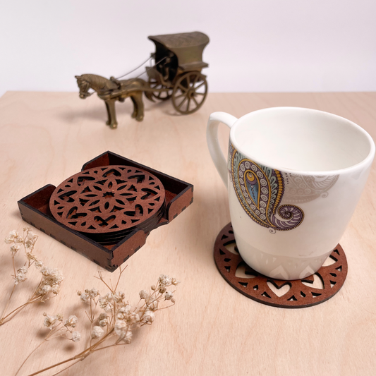 Wooden Ashtadash Mandala Coasters with Holder