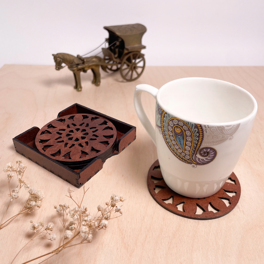 Wooden Navadash Mandala Coasters with Holder