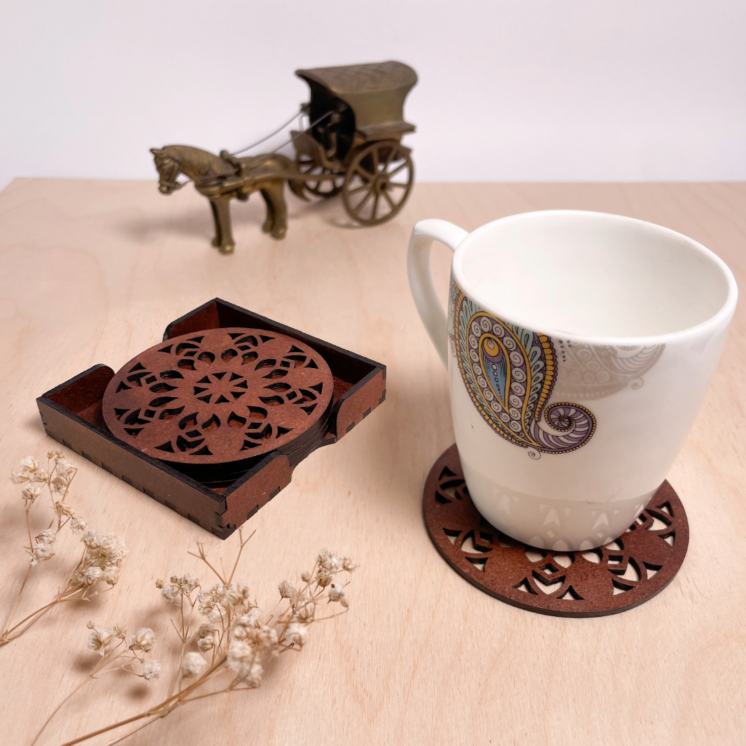 Mandala Art Coasters-Vimsati Wooden-Warm Walnut