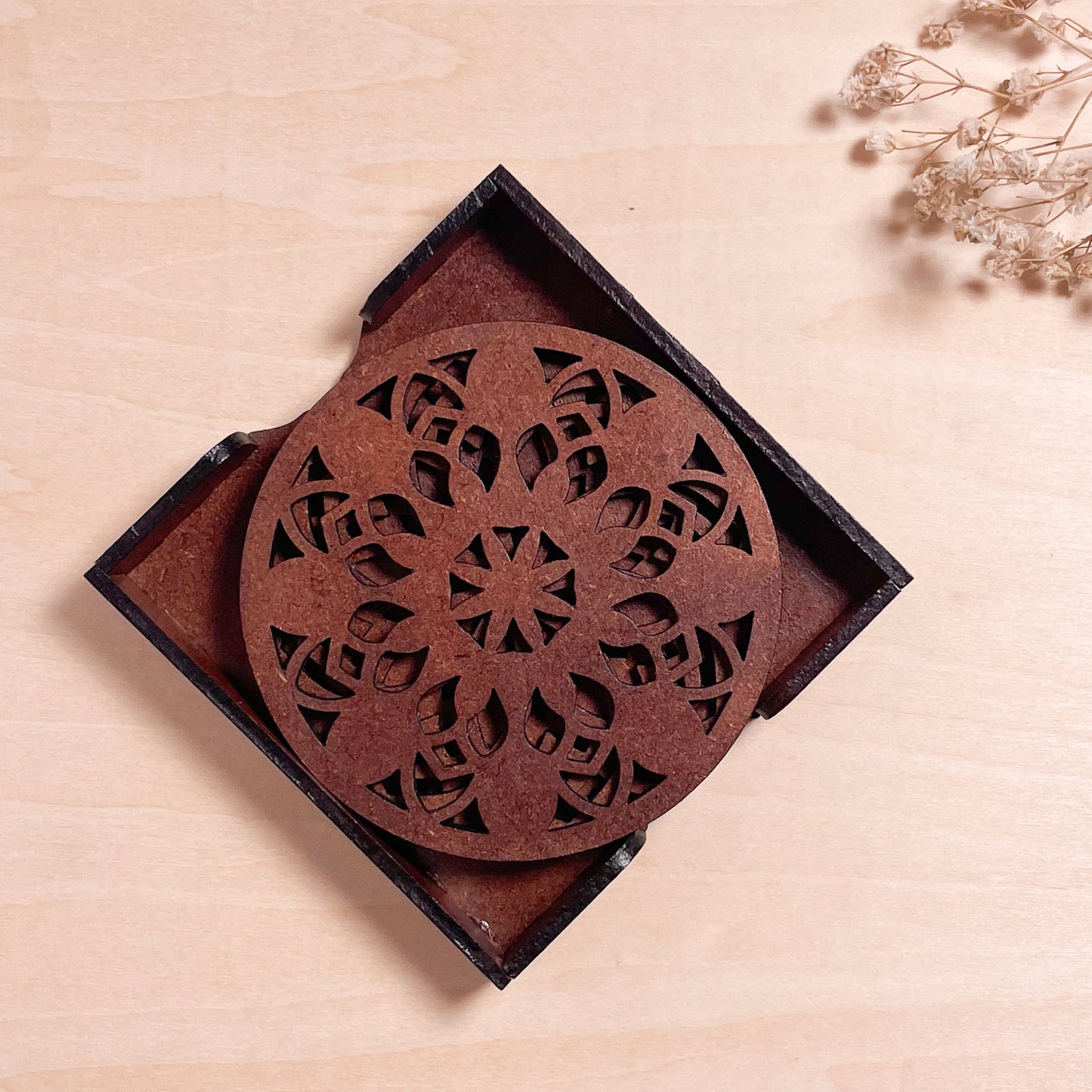 Mandala Art Coasters-Vimsati Wooden-Warm Walnut