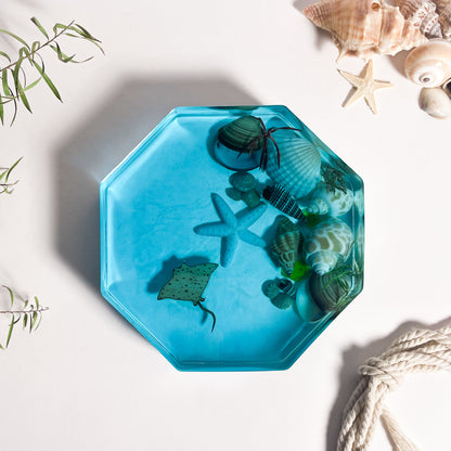 Seashell Serenity Coasters-Underwater Resin-Ocean Blue-Octagon