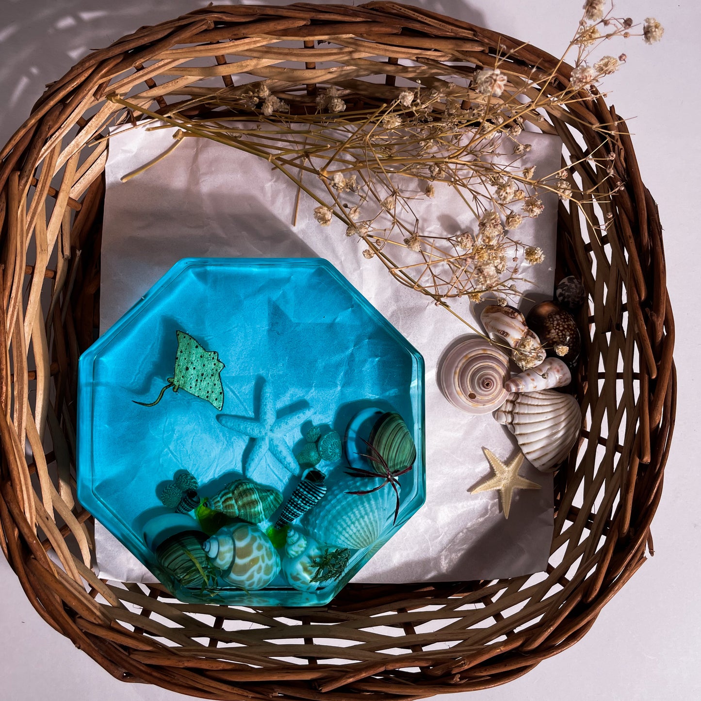 Seashell Serenity Coasters-Underwater Resin-Ocean Blue-Octagon