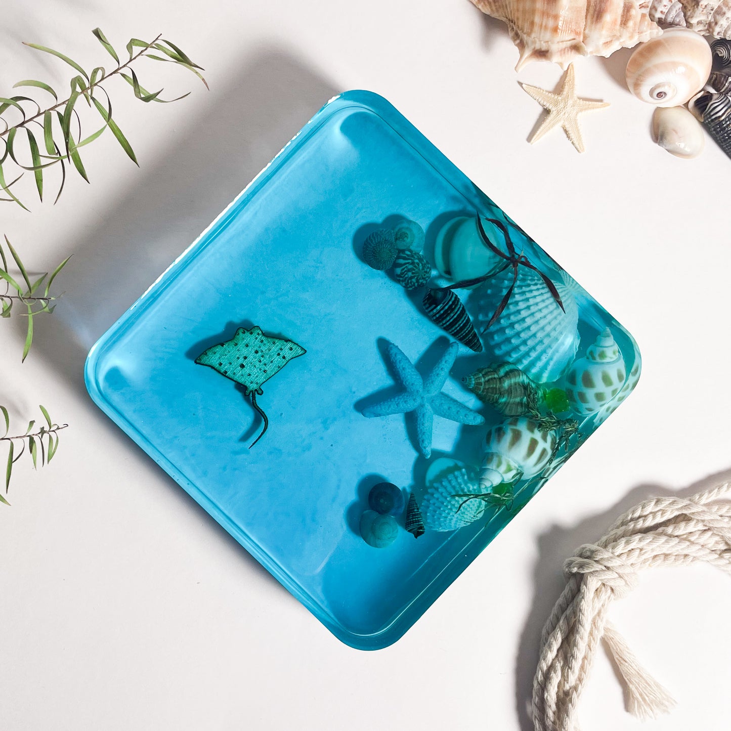 Seashell Serenity Coasters-Underwater Resin-Ocean Blue-Square