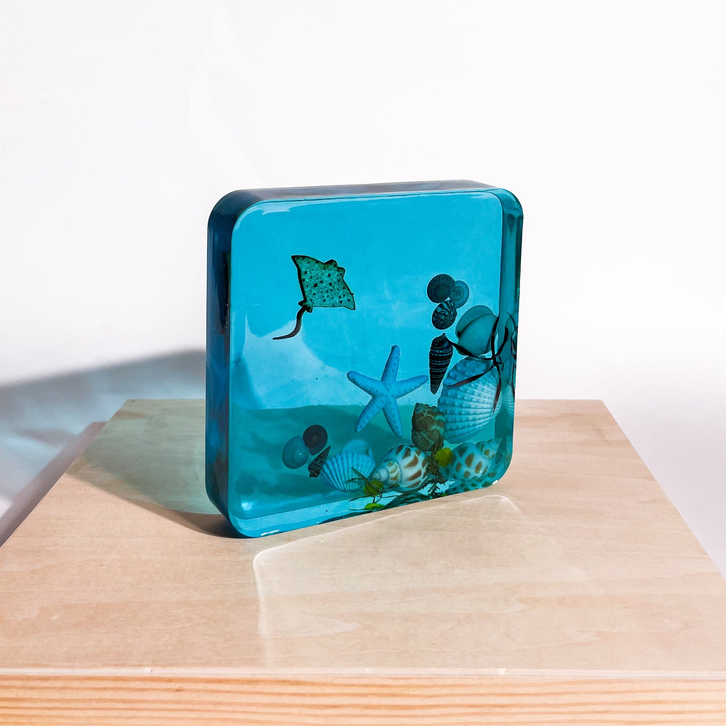 Seashell Serenity Coasters-Underwater Resin-Ocean Blue-Square