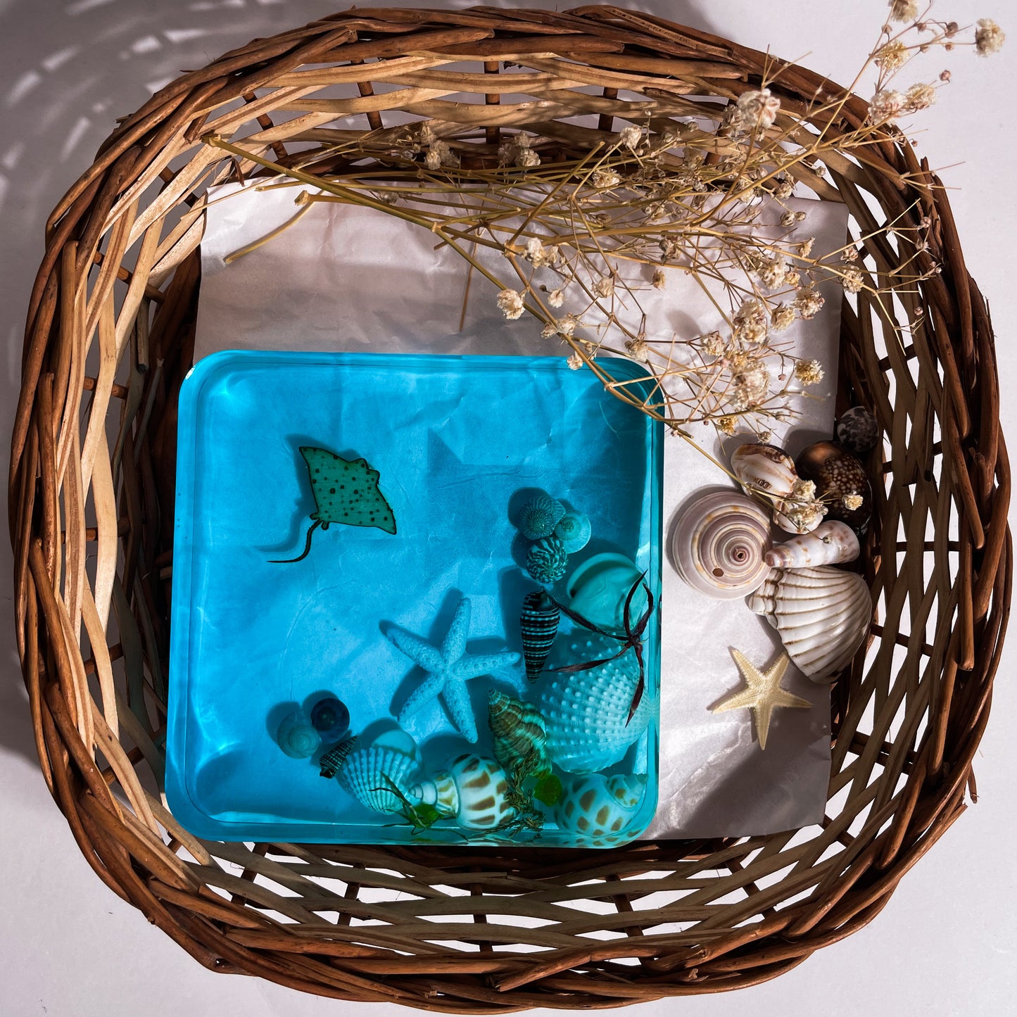 Seashell Serenity Coasters-Underwater Resin-Ocean Blue-Square