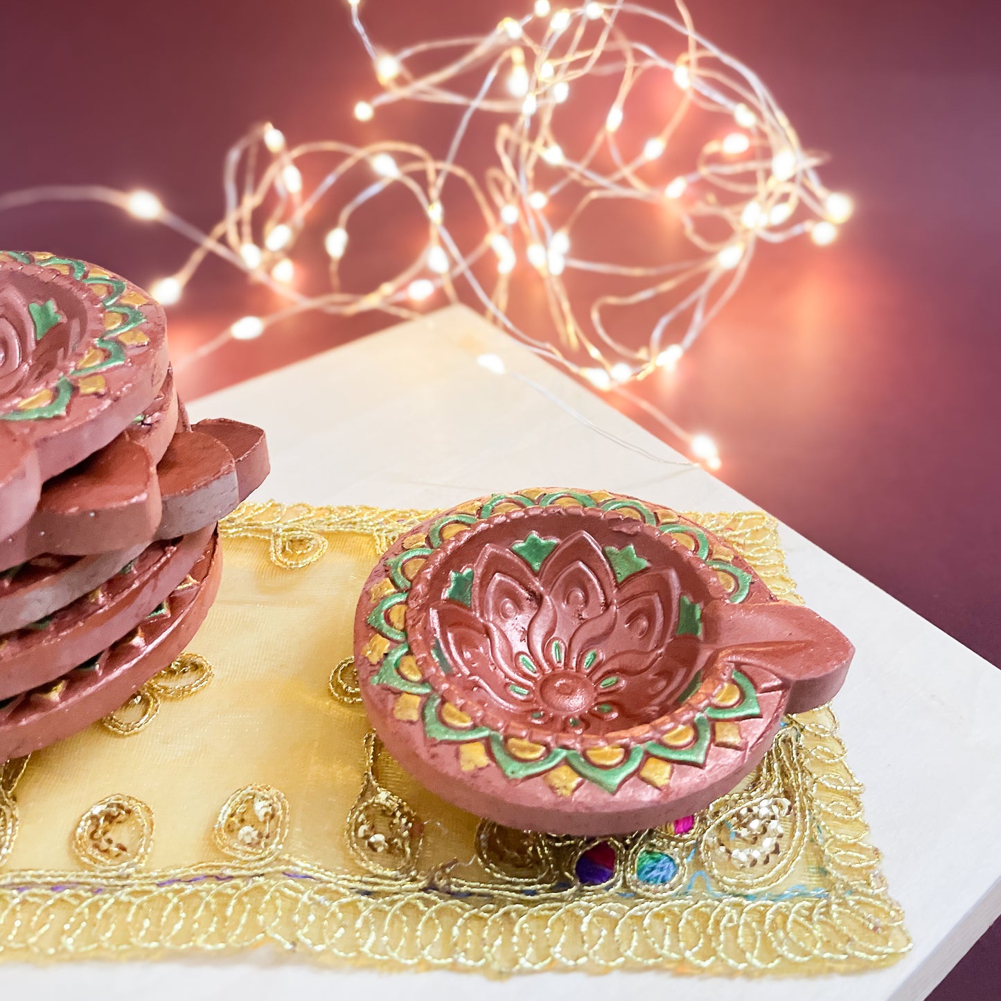 Hand-Painted Clay Diya-Ekam | Metallic Glow Collection | Set of 6