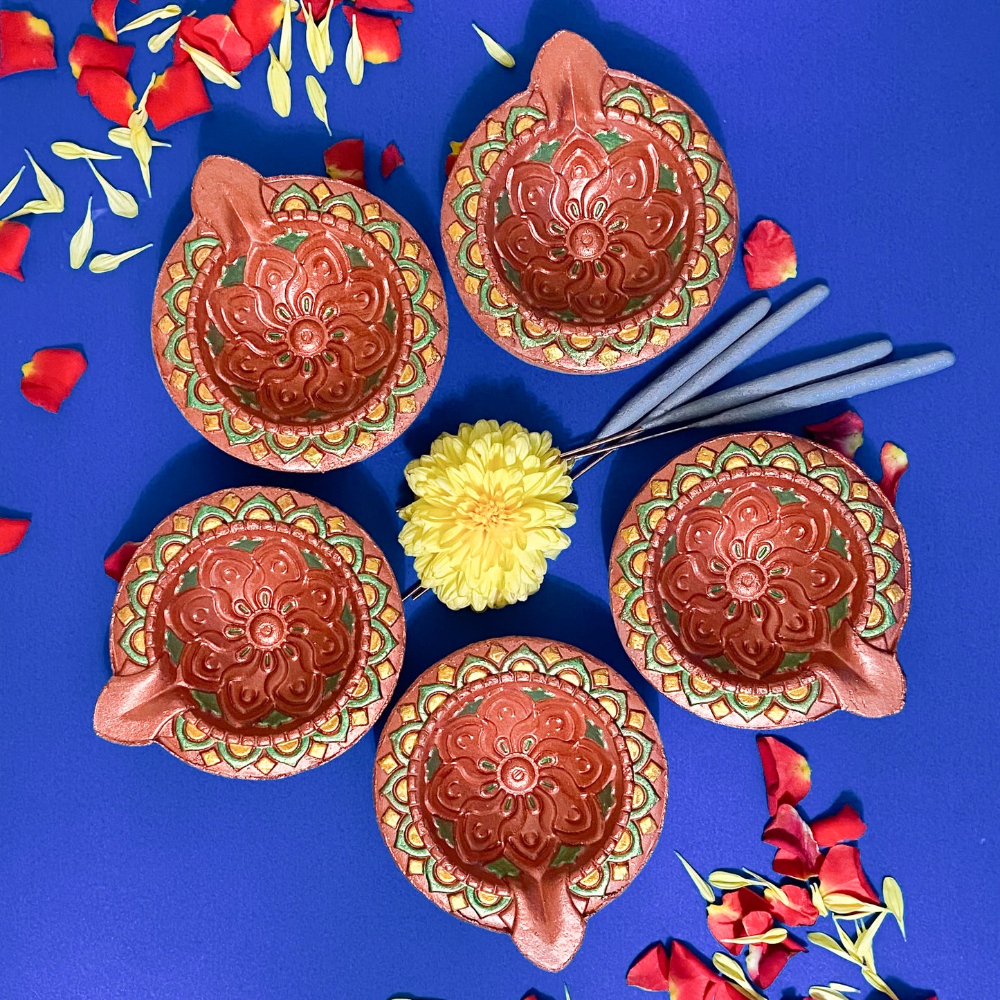 Hand-Painted Clay Diya-Ekam | Metallic Glow Collection | Set of 6