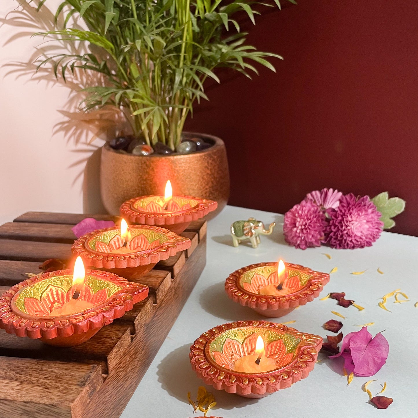 Hand-Painted Clay Diya-Dwe | Metallic Glow Collection | Set of 6