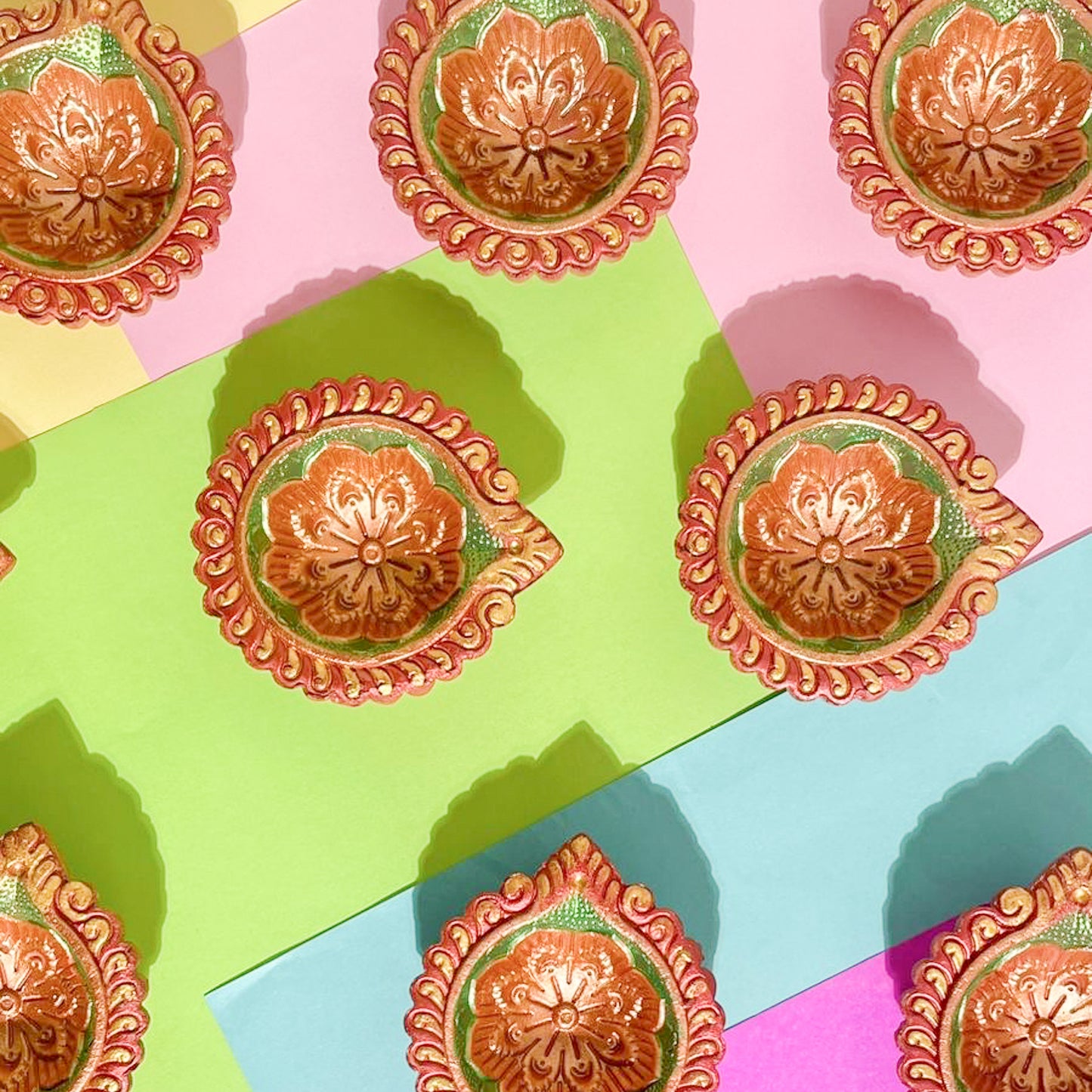 Hand-Painted Clay Diya-Dwe | Metallic Glow Collection | Set of 6