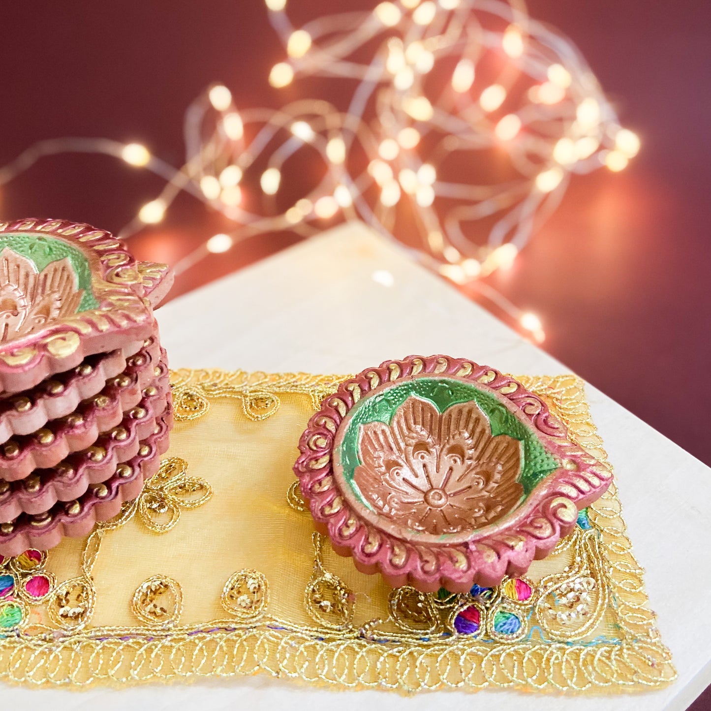 Hand-Painted Clay Diya-Dwe | Metallic Glow Collection | Set of 6