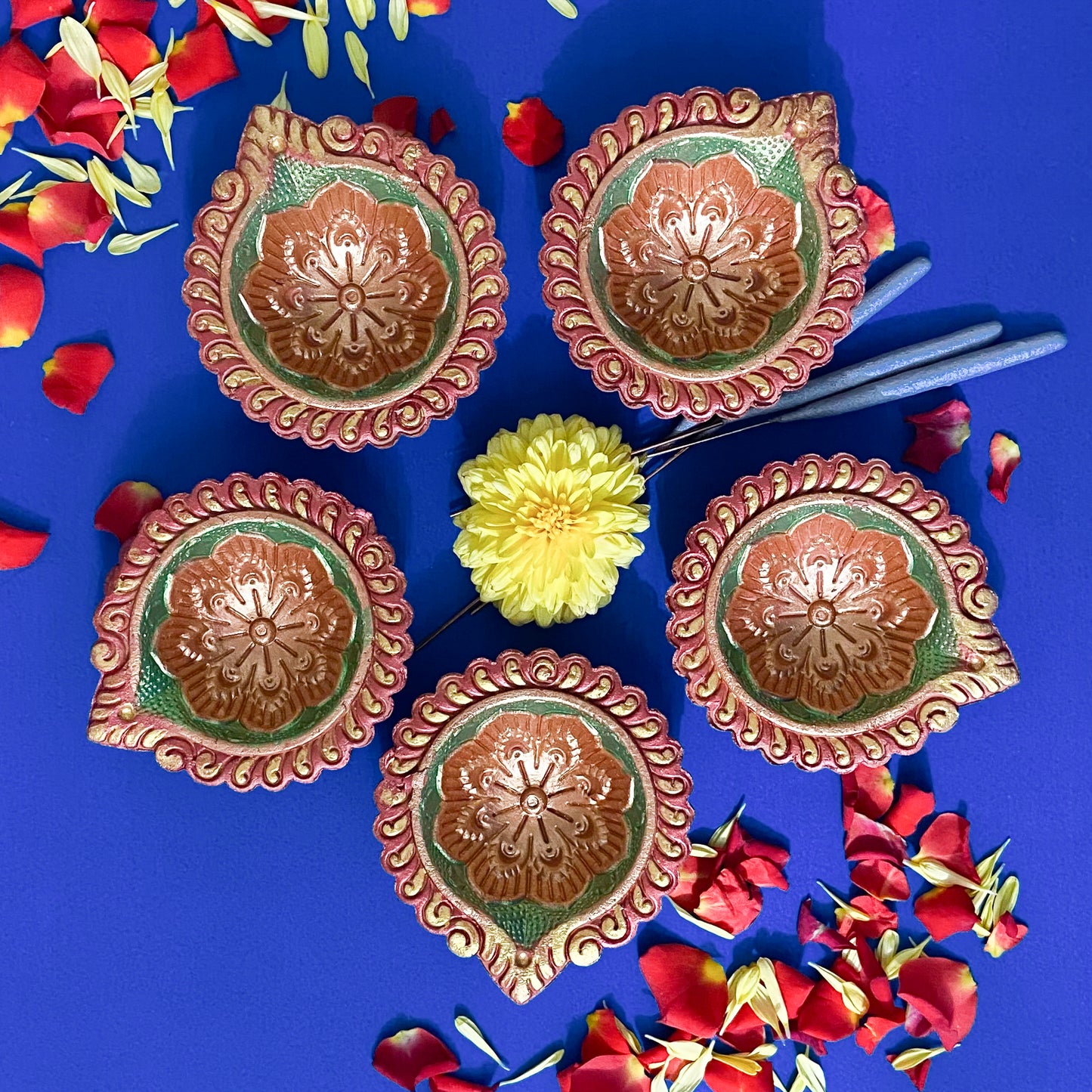 Hand-Painted Clay Diya-Dwe | Metallic Glow Collection | Set of 6