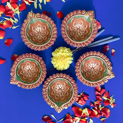 Hand-Painted Clay Diya-Dwe | Metallic Glow Collection | Set of 6