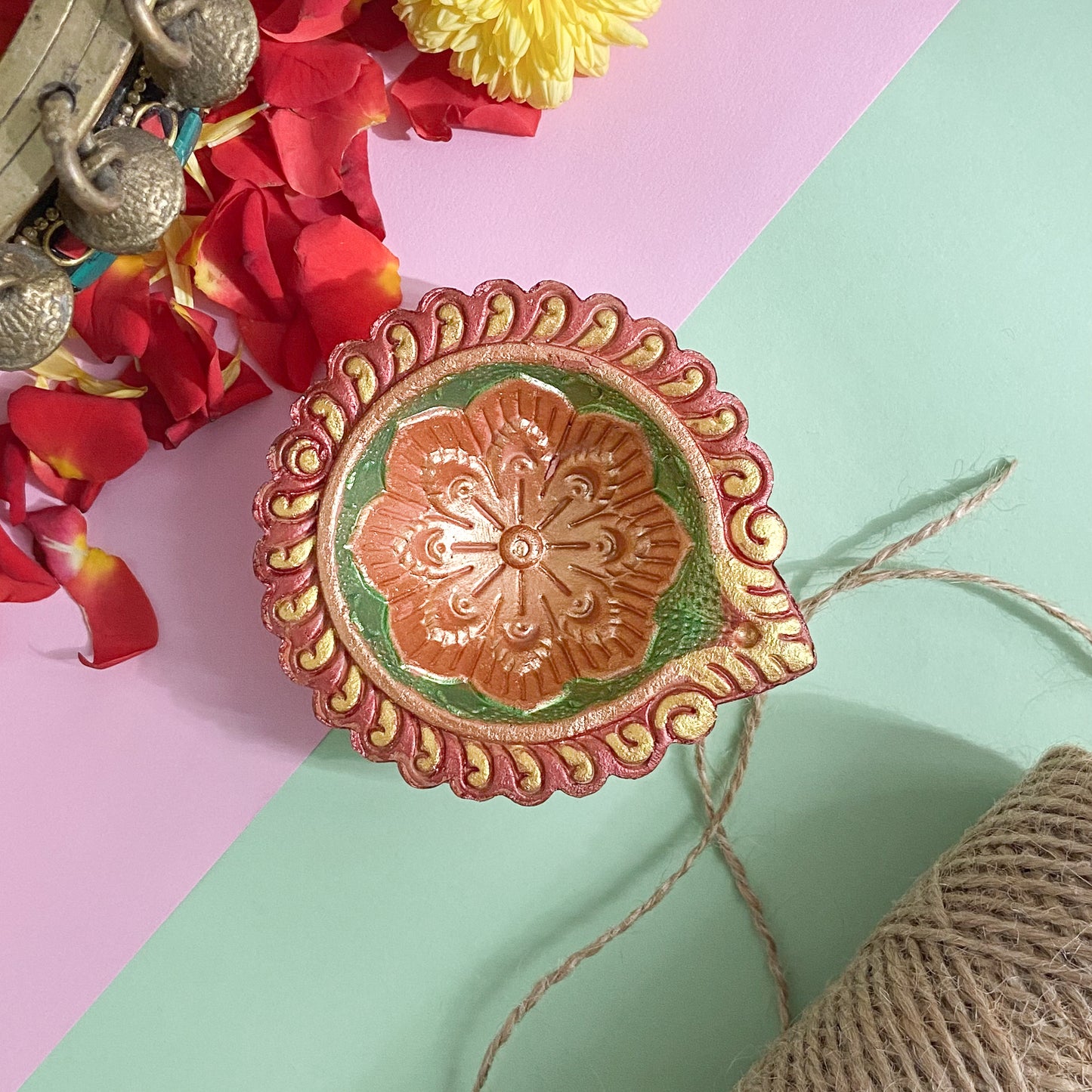 Hand-Painted Clay Diya-Dwe | Metallic Glow Collection | Set of 6
