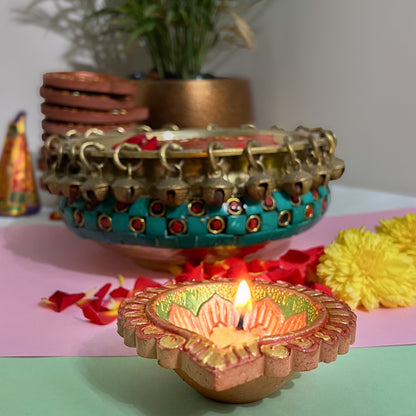 Hand-Painted Clay Diya-Dwe | Metallic Glow Collection | Set of 6