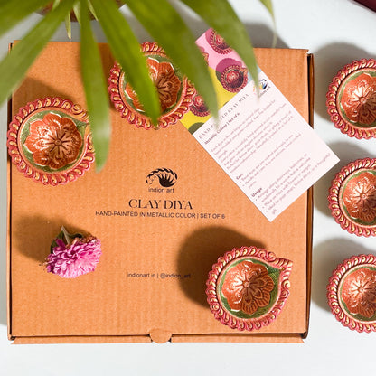 Hand-Painted Clay Diya-Dwe | Metallic Glow Collection | Set of 6