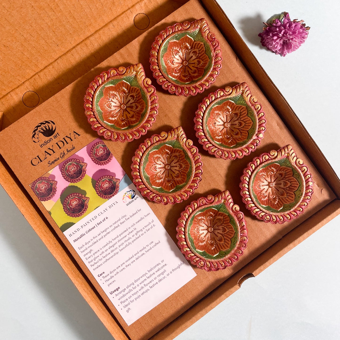 Hand-Painted Clay Diya-Dwe | Metallic Glow Collection | Set of 6