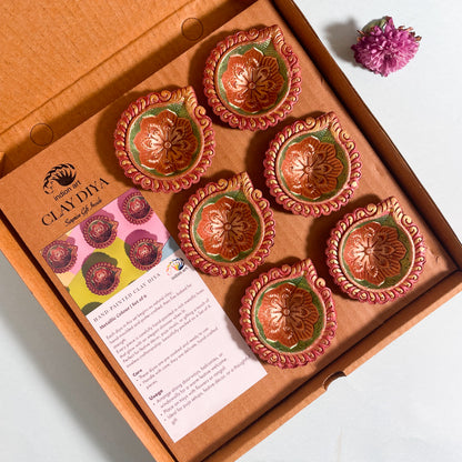 Hand-Painted Clay Diya-Dwe | Metallic Glow Collection | Set of 6