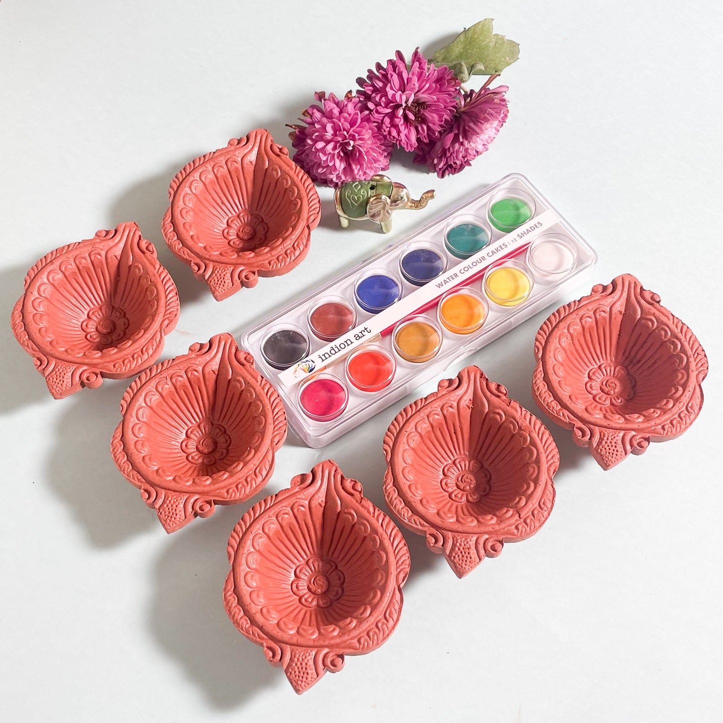 DIY Diya Painting Kit | Set of 6 Fired Clay Diyas with 12 Poster Colours & Brush