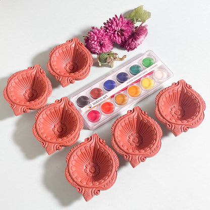 DIY Diya Painting Kit | Set of 6 Fired Clay Diyas with 12 Poster Colours & Brush