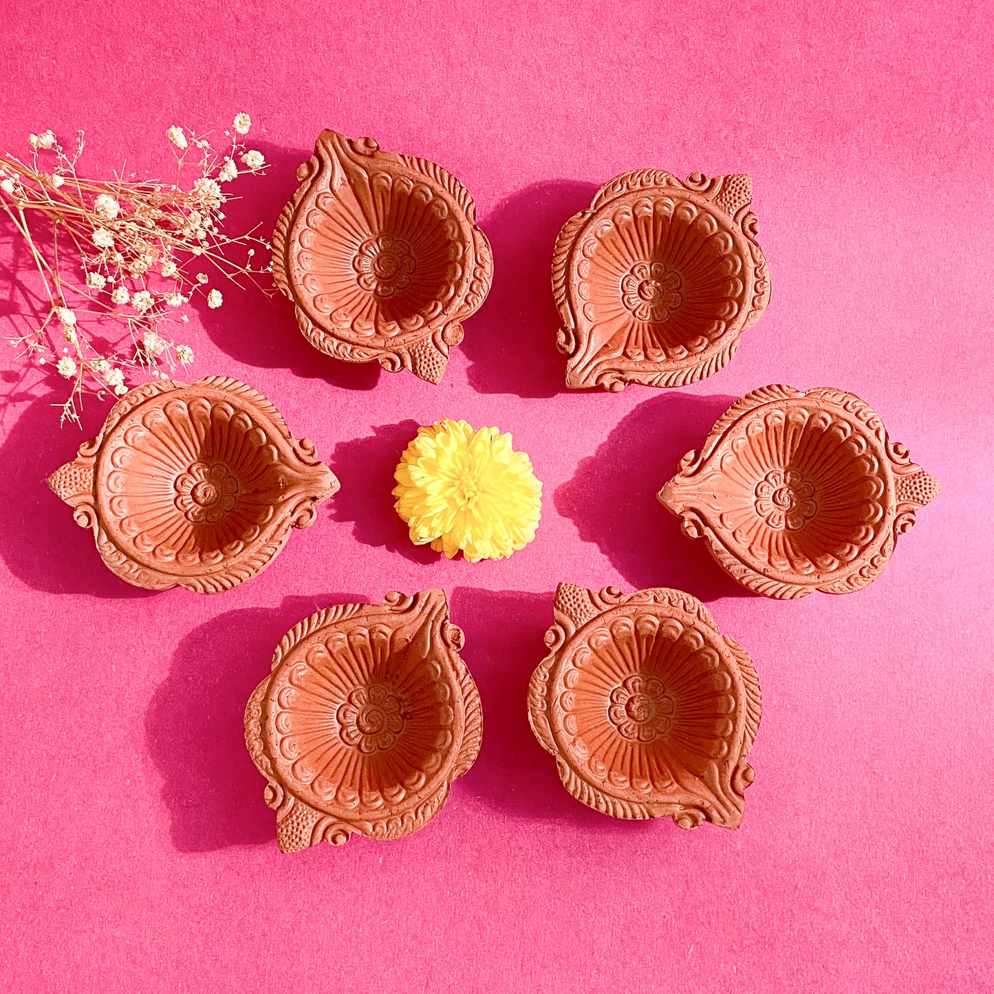DIY Diya Painting Kit | Set of 6 Fired Clay Diyas with 12 Poster Colours & Brush
