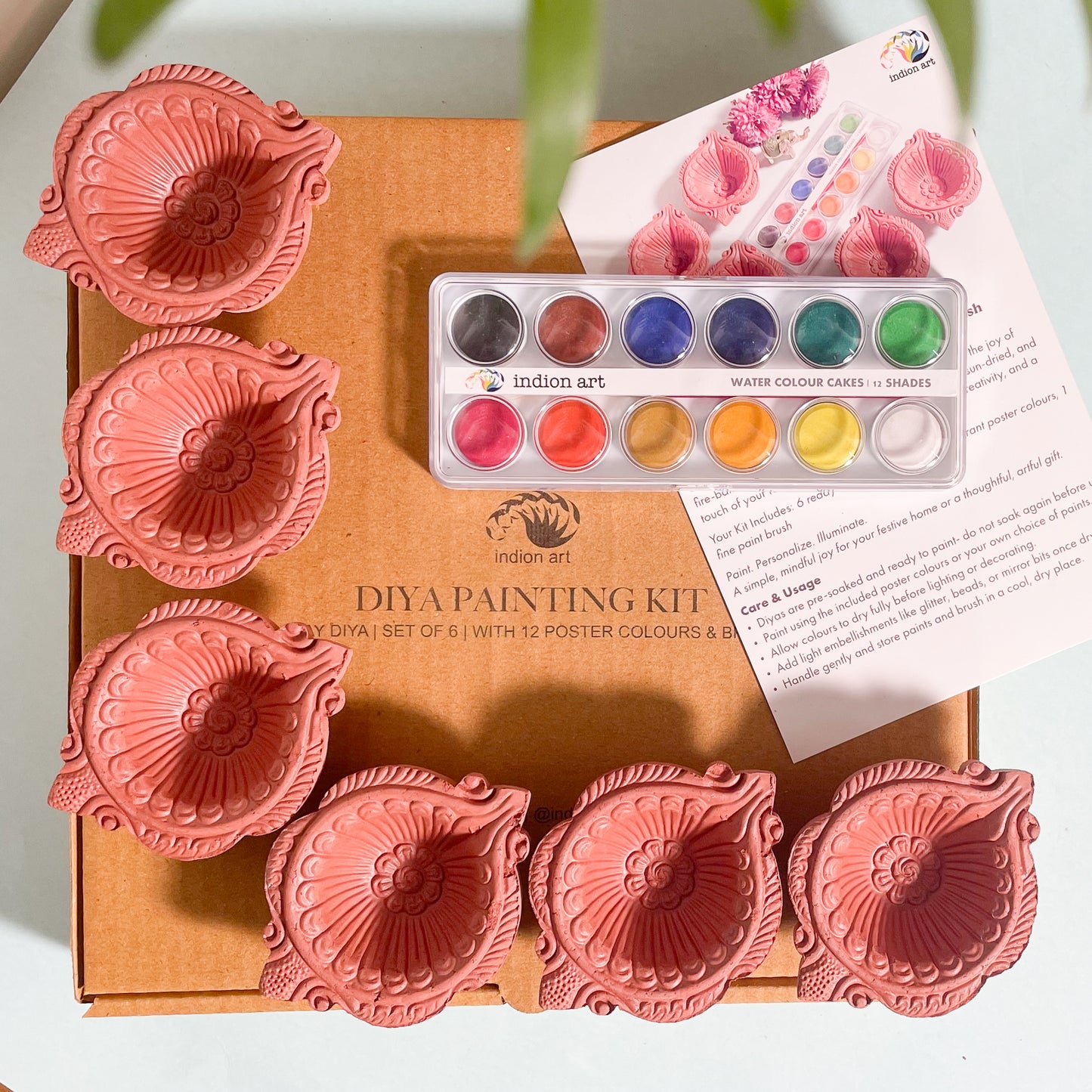 DIY Diya Painting Kit | Set of 6 Fired Clay Diyas with 12 Poster Colours & Brush