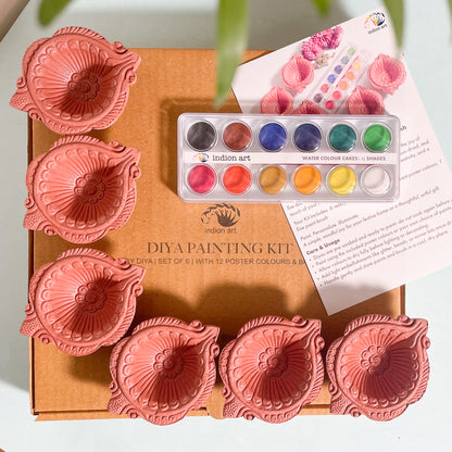 DIY Diya Painting Kit | Set of 6 Fired Clay Diyas with 12 Poster Colours & Brush