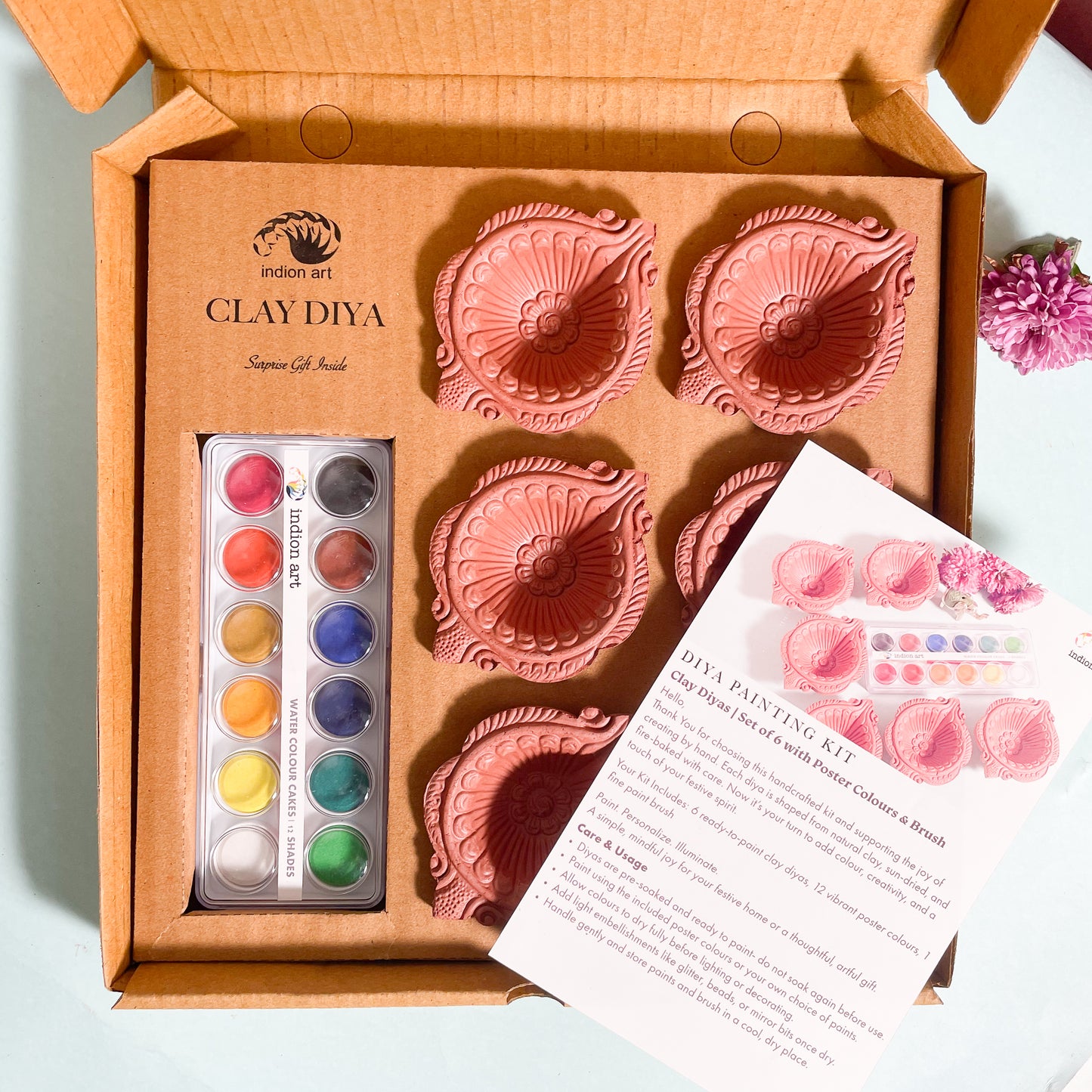 DIY Diya Painting Kit | Set of 6 Fired Clay Diyas with 12 Poster Colours & Brush