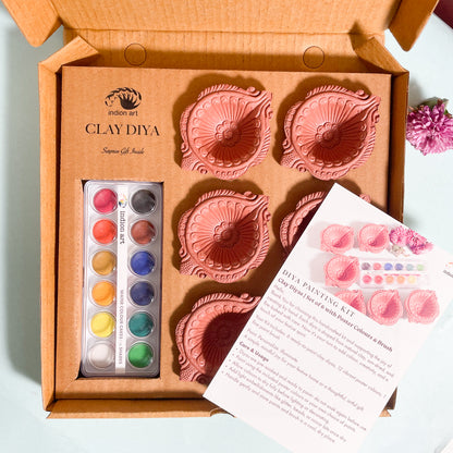 DIY Diya Painting Kit | Set of 6 Fired Clay Diyas with 12 Poster Colours & Brush