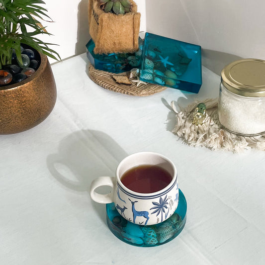 Seashell Serenity Coasters-Underwater Resin-Ocean Blue-Round