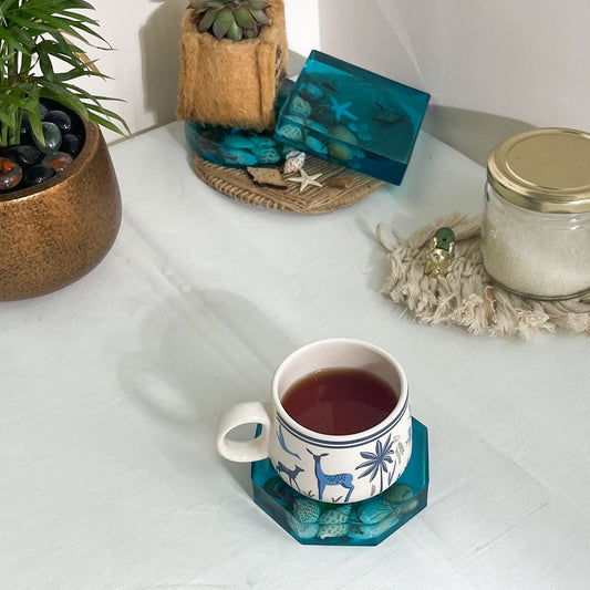 Seashell Serenity Coasters-Underwater Resin-Ocean Blue-Octagon