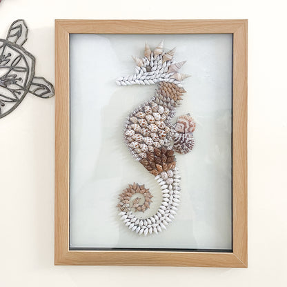 Handcrafted Seashell Seahorse Wall Art (18” x 12”) | Premium Coastal Frame