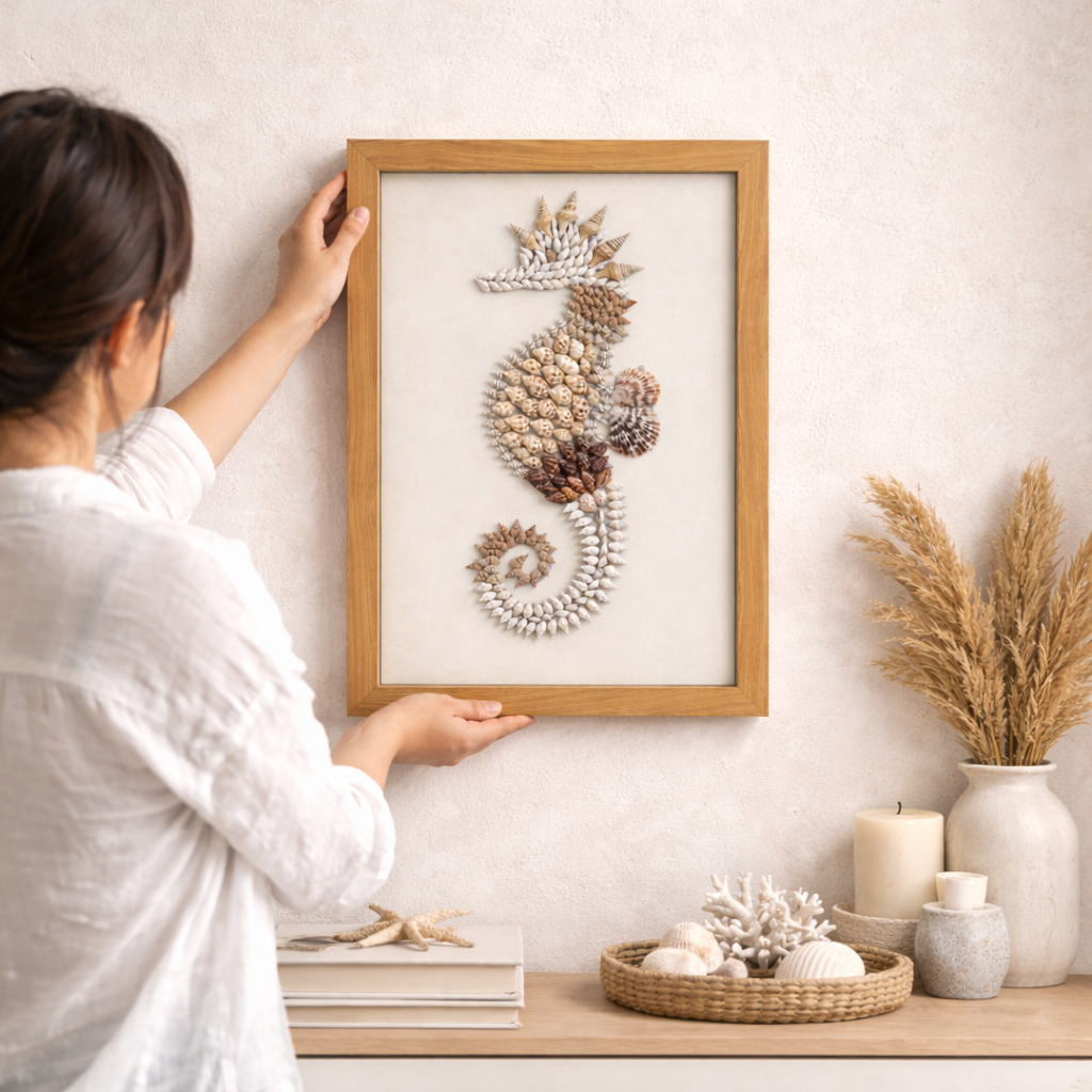 Handcrafted Seashell Seahorse Wall Art (18” x 12”) | Premium Coastal Frame