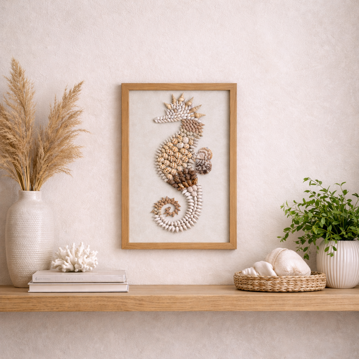 Handcrafted Seashell Seahorse Wall Art (18” x 12”) | Premium Coastal Frame